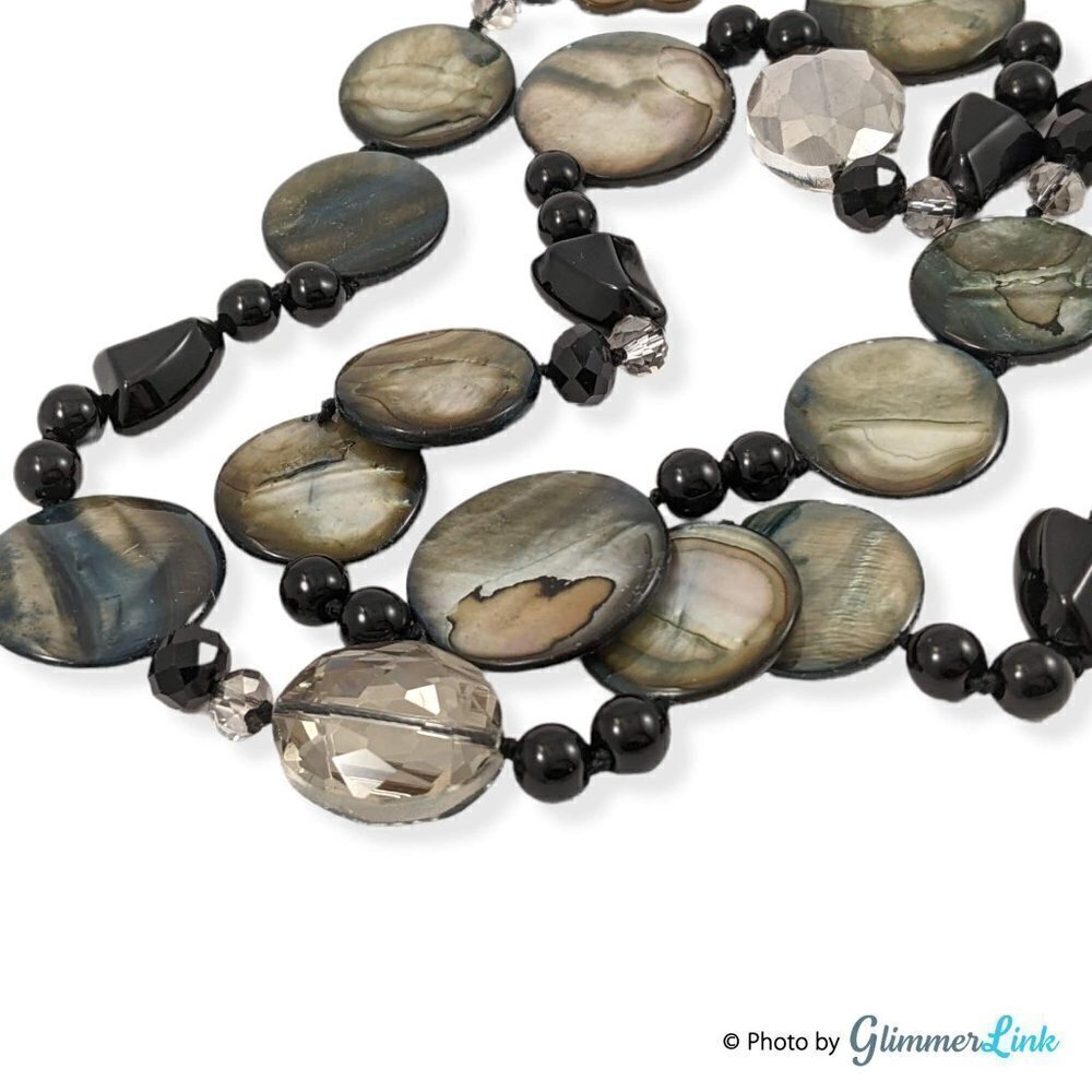 Dyed Mother of Pearl Disc Glass Bead Knotted Necklace Smoky Black